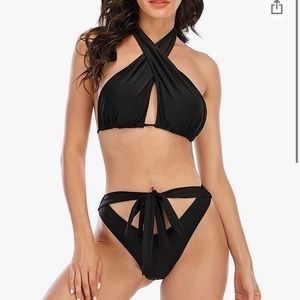 BOGO! Black Padded Halter Bikini Set Criss Cross Tie